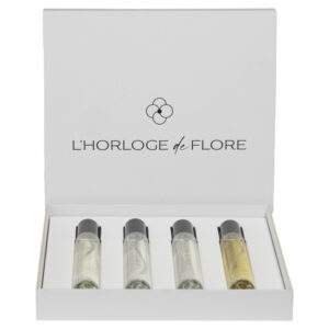 Coffret avec les 4 parfums de la collection Les Signatures Créatives de la marque française L'Horloge de Flore, née à Grasse.