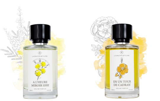 "A l'Heure Miroir 11H11" et "En un Tour de Cadran", 2 parfums de la collection "Les Signatures Créatives" de l'Horloge de Flore, marque française née à Grasse.